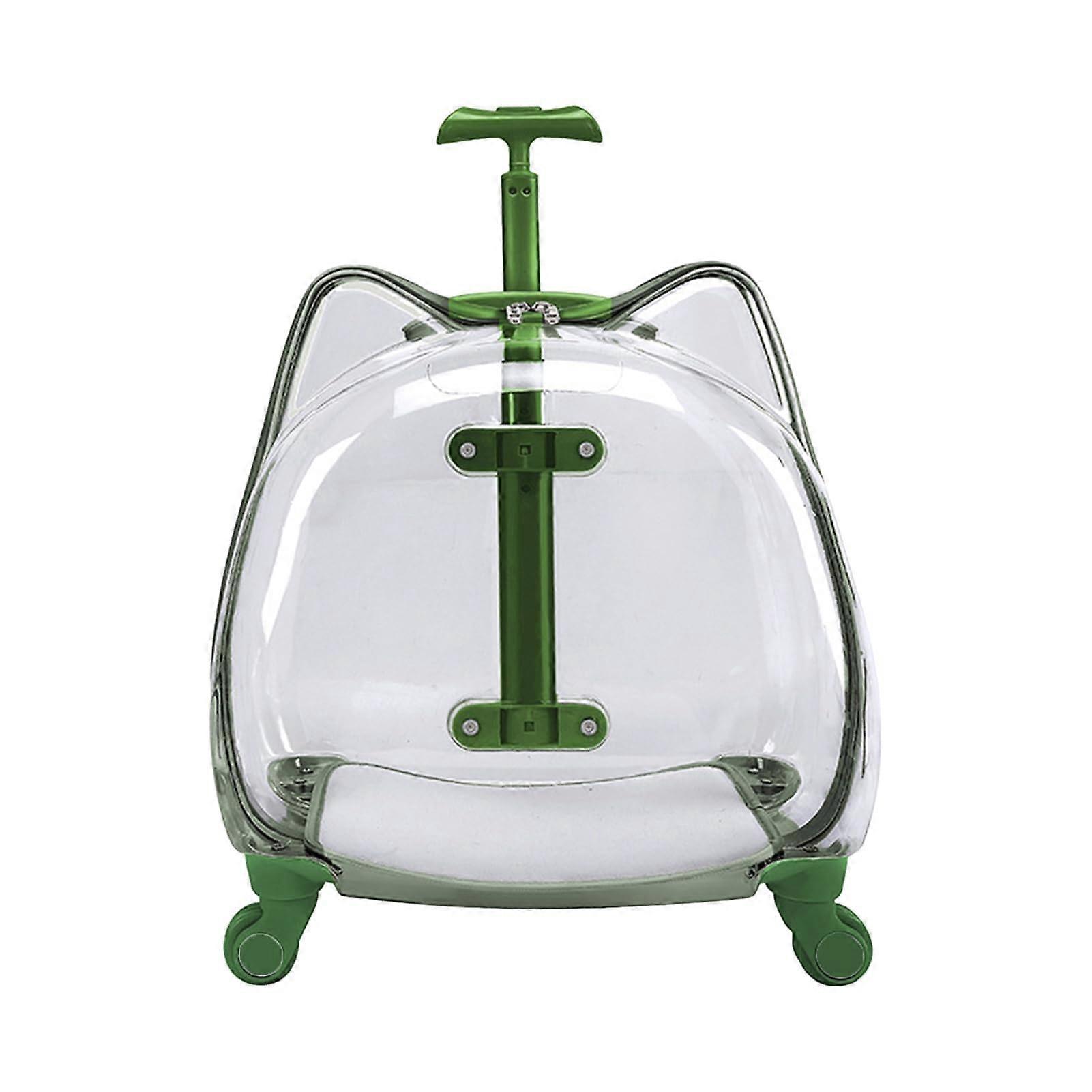 Cat Carrier with Wheels Transparent Pet Trolley Case for Hiking Travel, Spacious and Breathable with Telescopic Rod, Green