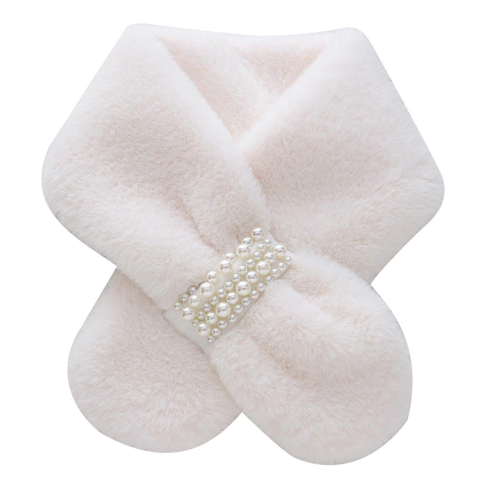 Scarf for Girls Winter, Warm Thick Faux Plush Cross Collar Shawl with Pearl Cross Buckle in White