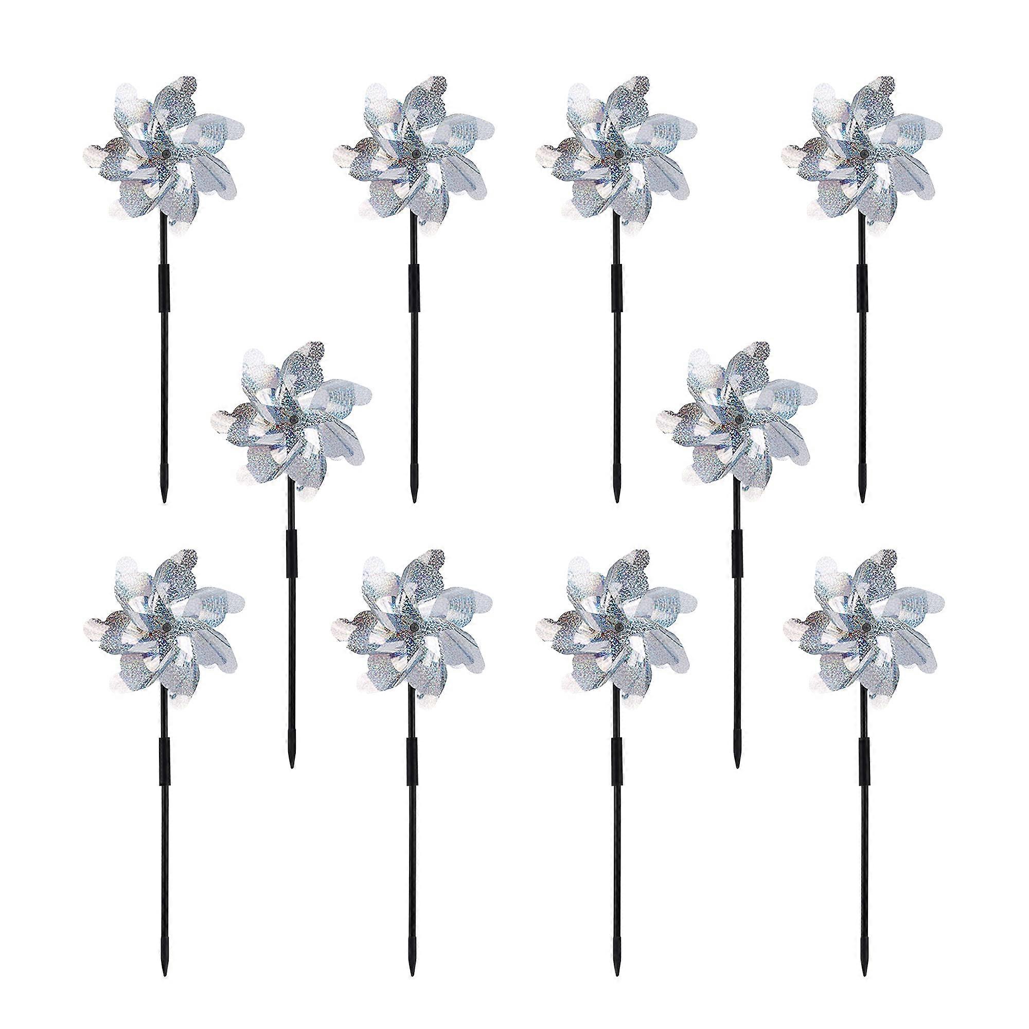 10 Pack Reflective Pinwheels with Plastic Stakes 19.7 inch PreAssembled Sparkle Pin Wheel Set Scare Off Birds Decorative for Garden