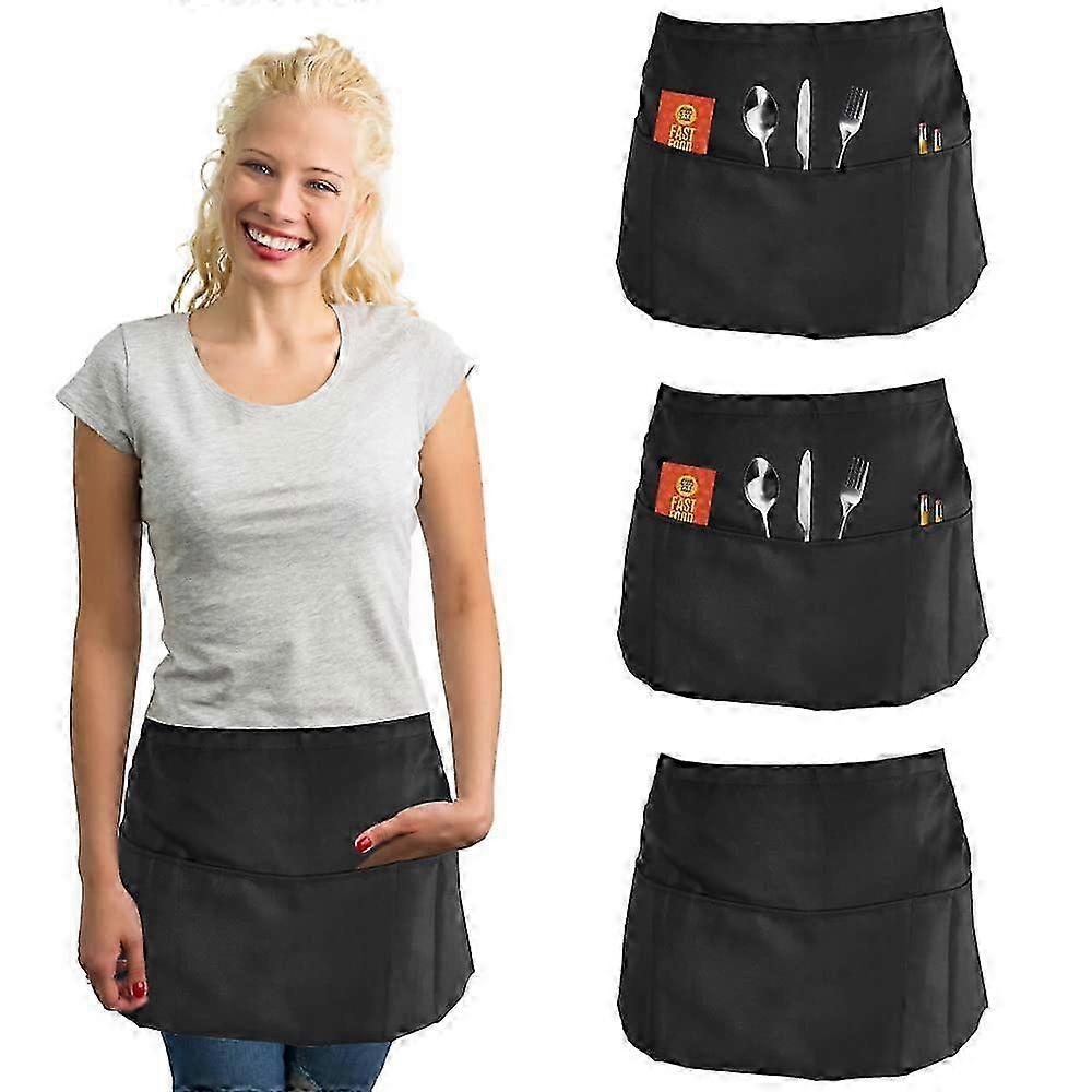 3-Pack Waterproof Half-Length Aprons with Pockets for Waitstaff