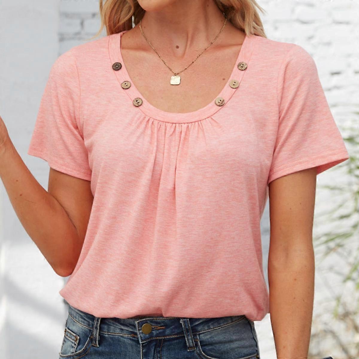 GMXIA Women's Fashion Casual Summer Solid Color Print Short Sleeve Clasp Fold U-Neck Blouses & Shirts