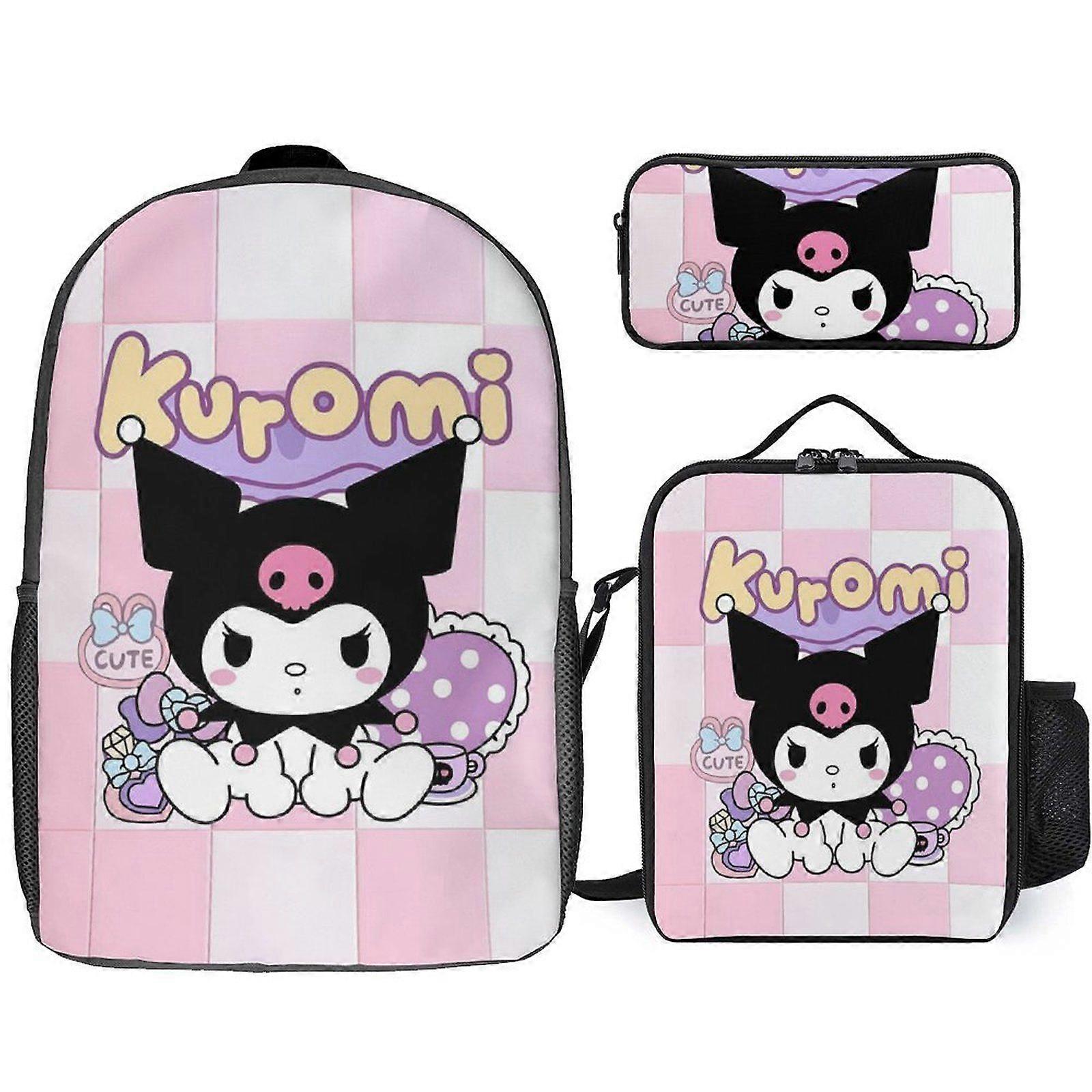 e161 Kuromi Sırt Çantası Combo 17 İnç Daypack ile Öğle Yemeği Kutuları ve Kalem Çantası Okul Çalışmaları için Dayanıklı Polyester w161