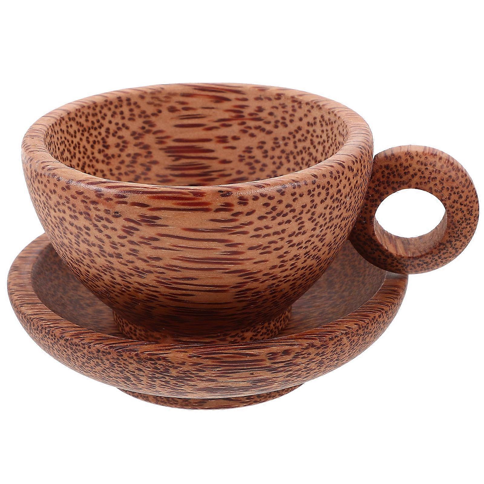 Coffee Mug with Saucer Set Wooden Tea Cup for Home Use Dark Red Round Shape Comfortable Grip 1Set
