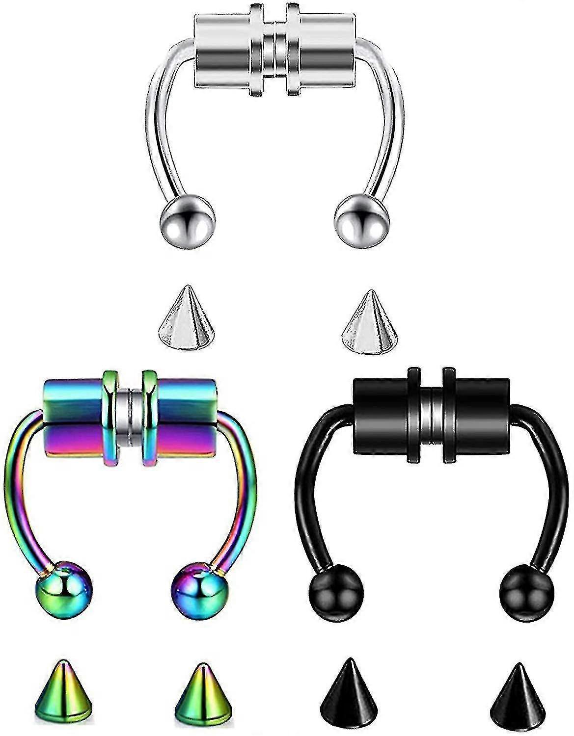 Set of 3 Magnetic Horseshoe Fake Nose Ring Hoops in Stainless Steel, Non-pierced Septum Rings Available in Silver, Black, and Colorful Varia