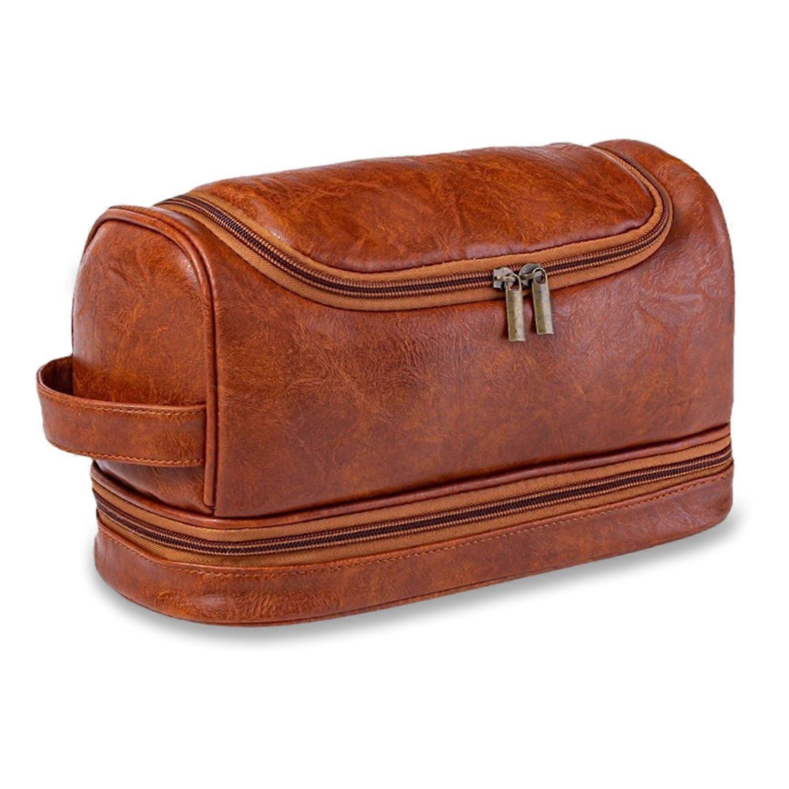 Leather Travel Toiletry Bag with Wet Dry Compartment