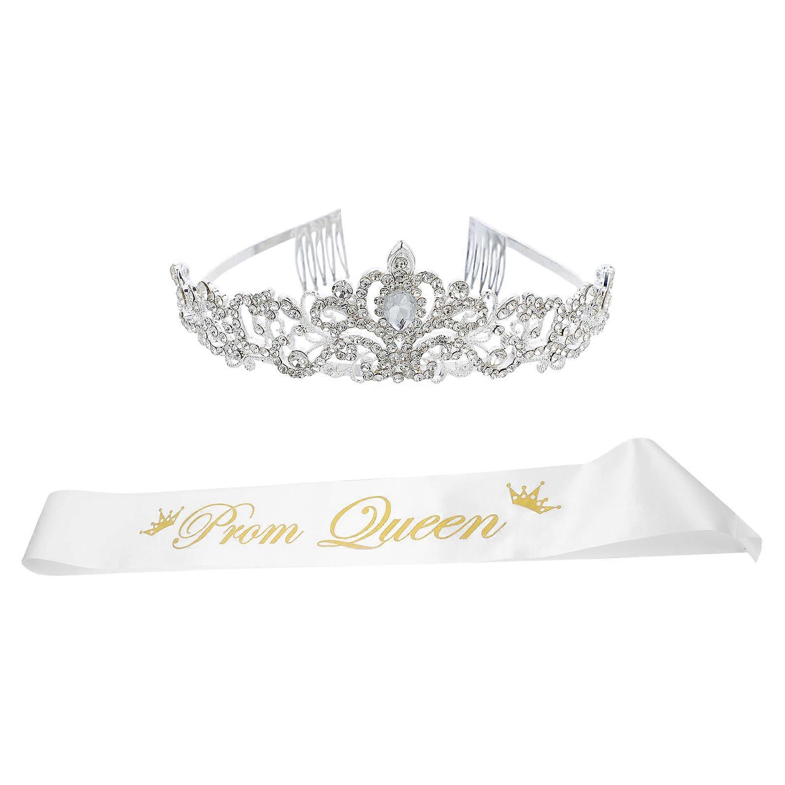 Girls Crown Set with Rhinestone Crown and Sash Silver Fabric Alloy for Cosplay and Photography Props 2Pcs