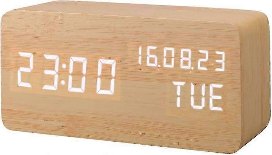 XHX Artificial Wood LED Alarm Clock, Digital Clock Sound Activation, with Temperature / Humidity / Calendar Brightness USB / Battery Socket