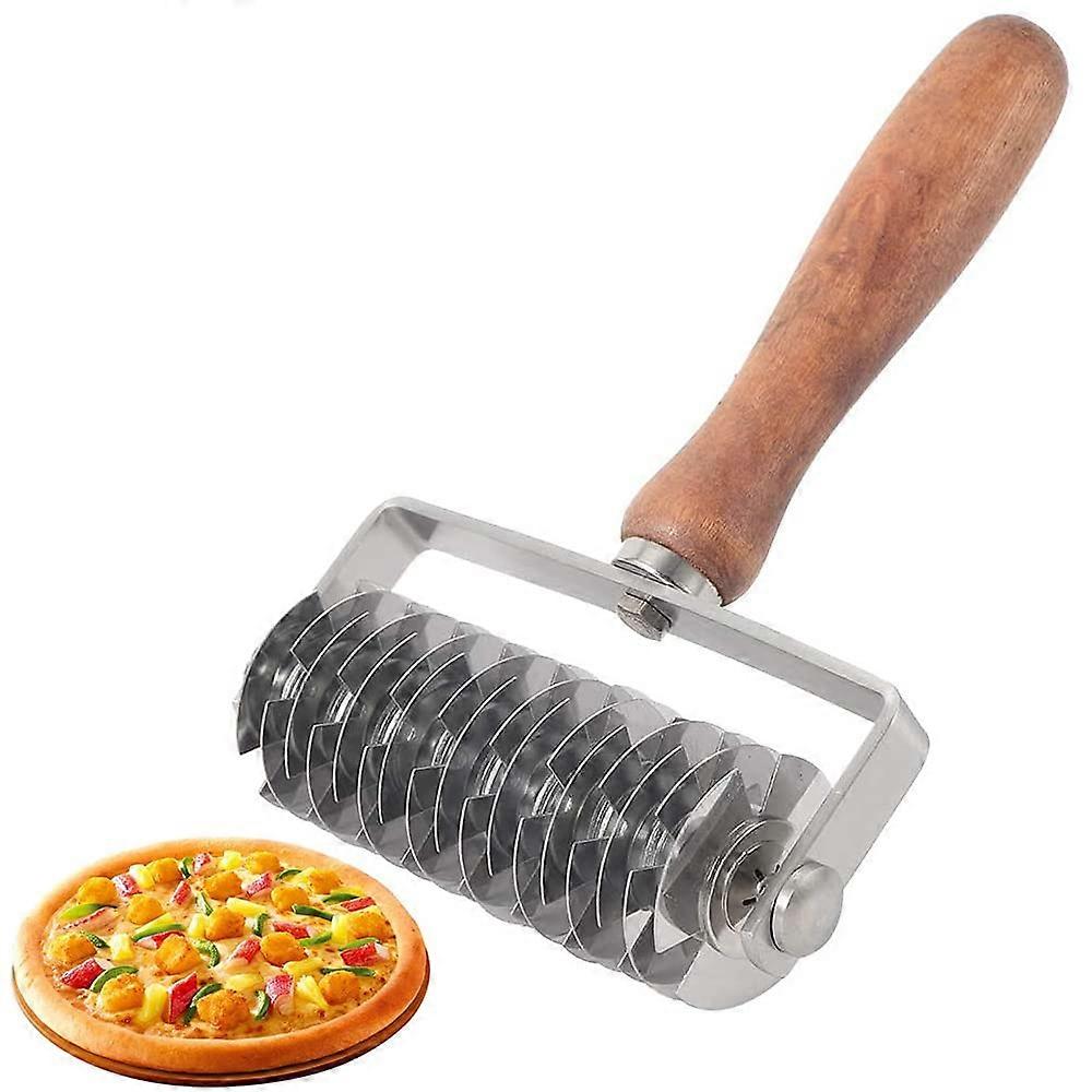 Pizza Grid Roller, Stainless Steel with Wooden Handle for Cutting Dough