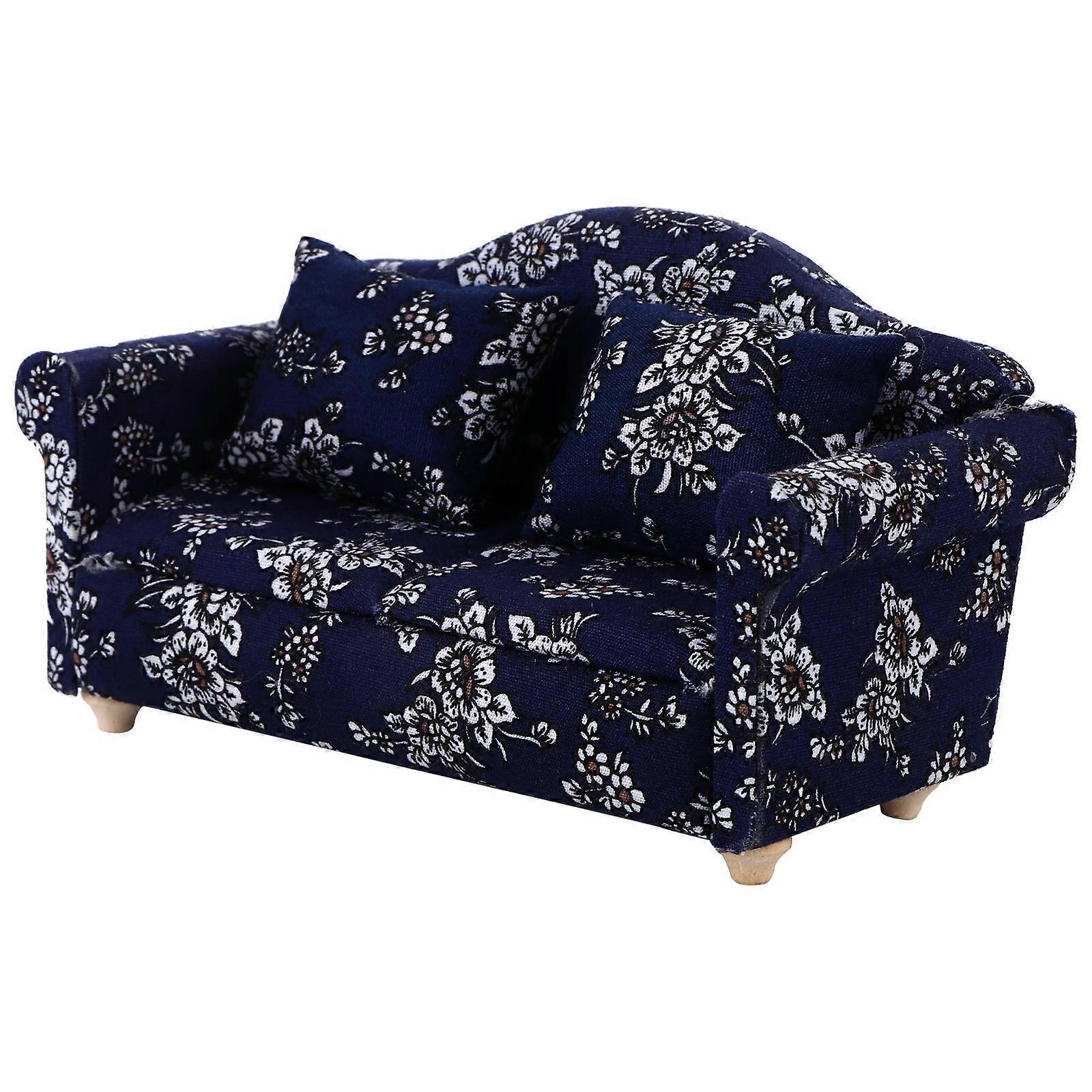 Mini Blue Floral Sofa Model for Decoration with 2Pcs Pillows