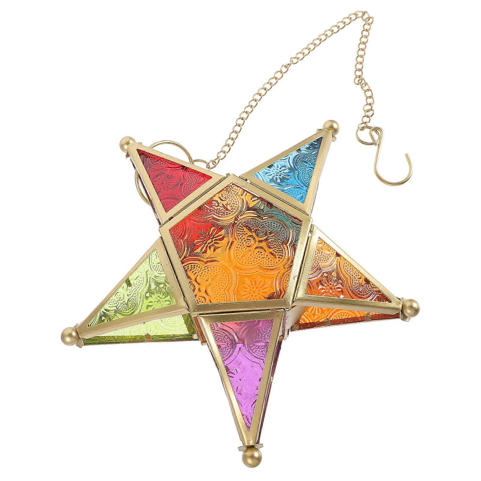 Moroccan Pentagram Design Wrought Iron Colorful Glass Lamp Candle Holder Golden