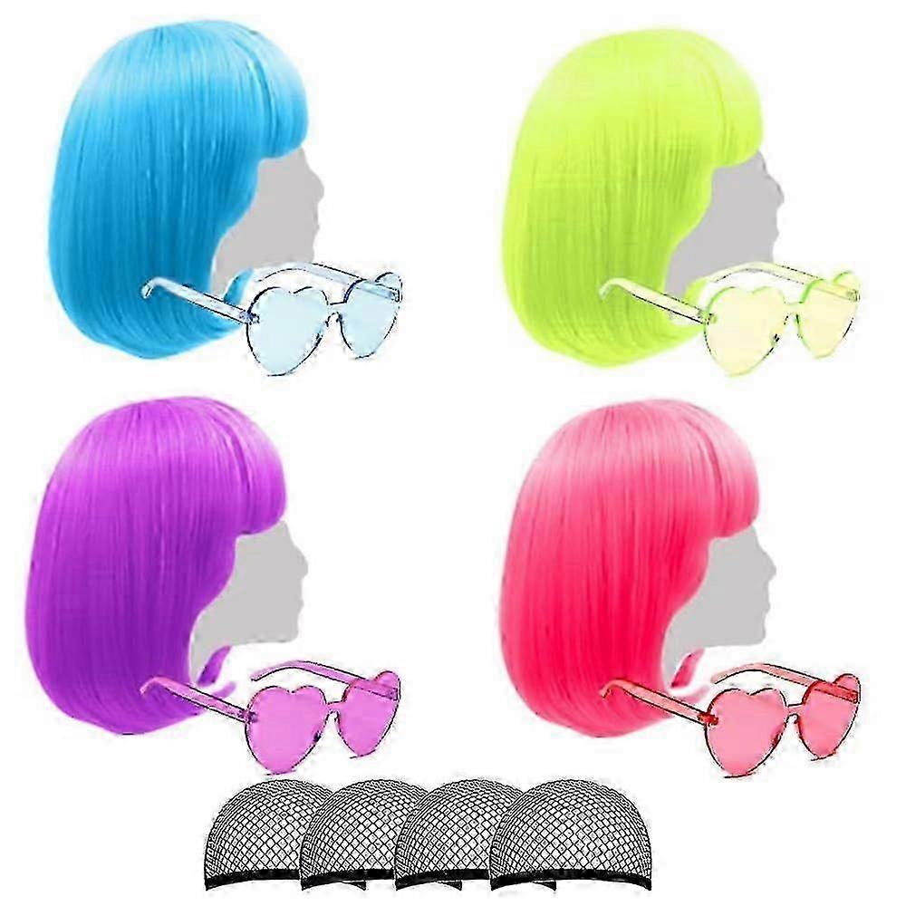 2025 2025 Latest Model Short Bob Colored Wigs with Bangs,4 Pack Colorful Wigs Fruit Db