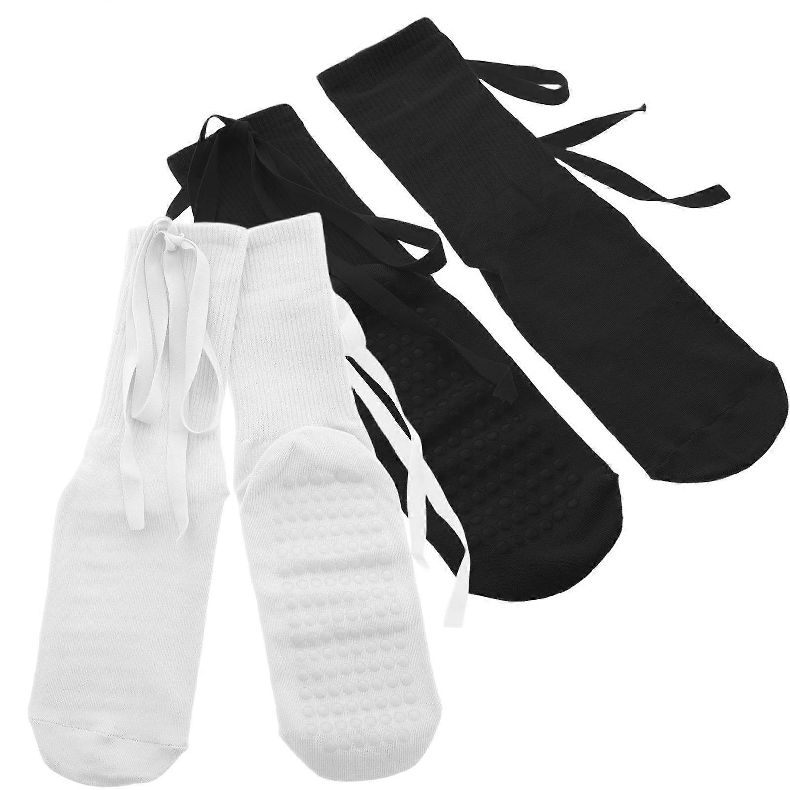 Nonslip Yoga Socks for Women with Grips and Straps Made of Comfortable Cotton Ideal for Pilates 2 Pairs Calf Length