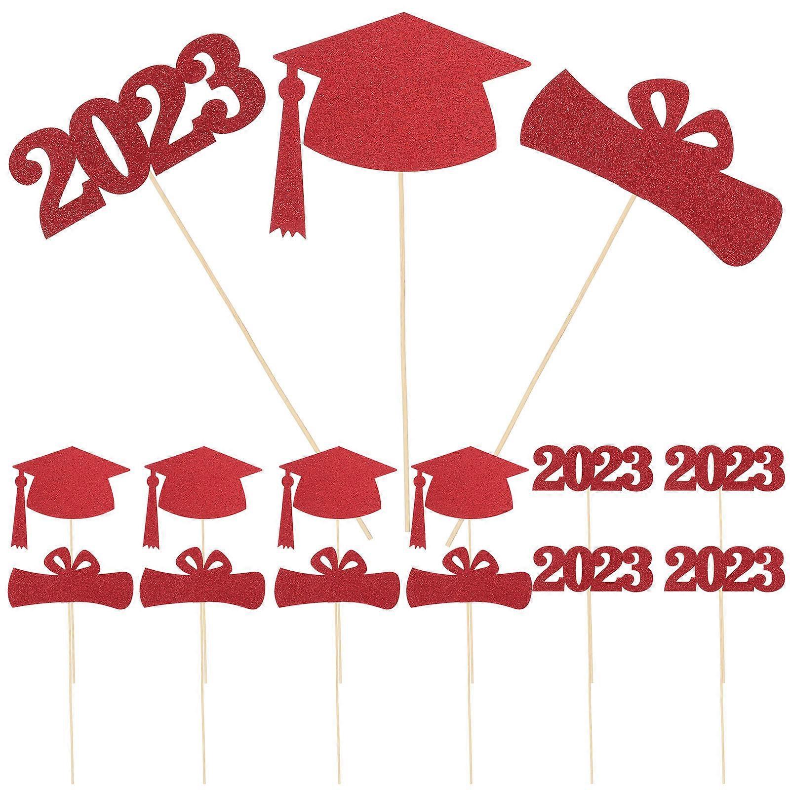 15pcs Glitter Graduation Picks for Decoration Create Happy Atmosphere with Red Paper and Wooden