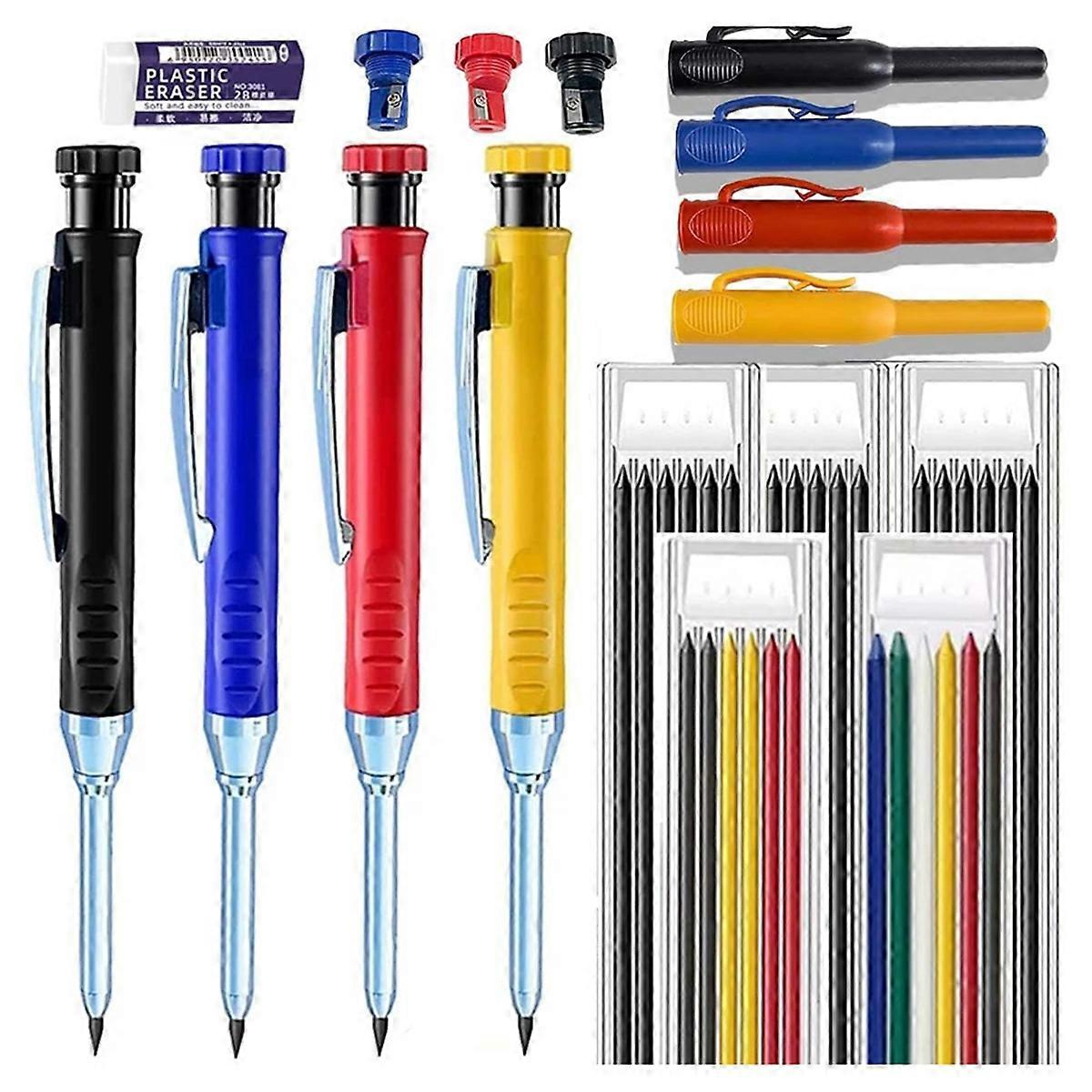 4 Carpenter Pencils, 34 Pen Cores, Deep Hole Marking Structure, with Sharpener, Mechanical Carpente