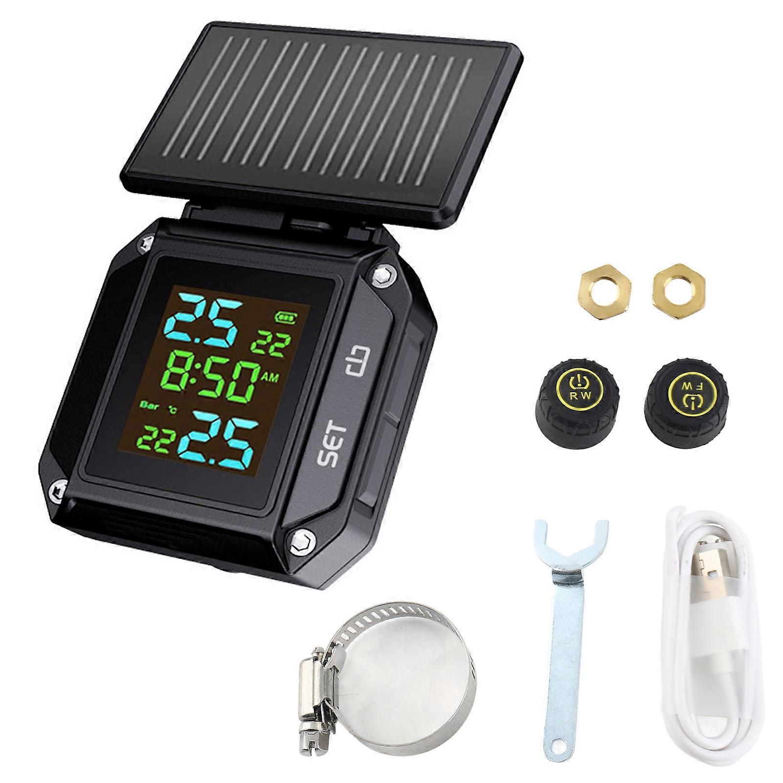 Solar Wireless Tire Pressure Detector Motorcycle Tire Pressure Monitor Monitoring System TPMS Detector with 2 Waterproof External Sensors