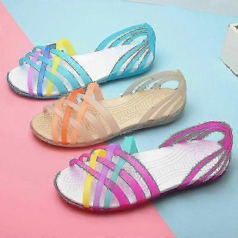 2022 Summer Women"s Beach Flat Sandals Colorful Open Toe Jelly Cutout Flats