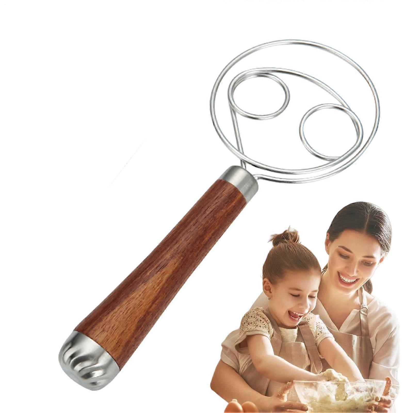Natural Whisk Wooden Tool with Stainless Steel Ring, Craft Whip for Home Bakers Tool for Mixing Soft Dough, Mixing Batle