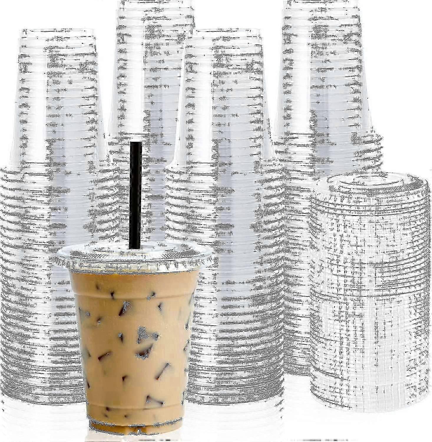 100 مجموعة من أكواب بلاستيكية شفافة سعة 12 أونصة مع أغطية مسطحة - أكواب شرب يمكن التخلص منها للقهوة المثلجة أو العصير أو السلوبي أو المشروبات الباردة