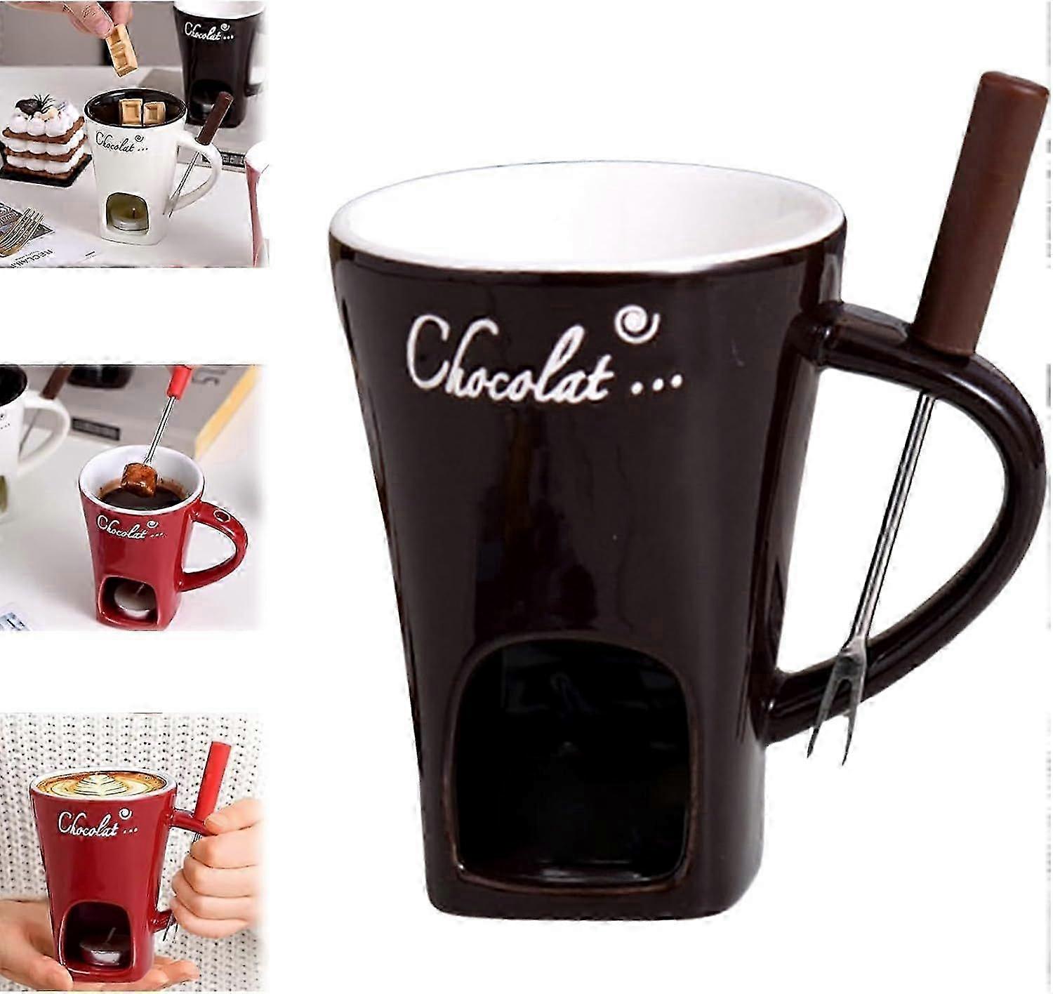 Chocolate Fondue Cup, 130ml Chocolate Melting Mug, Ceramic Chocolate Fondue Cup with Fork for Cheese, Chocolate, Butter and Caramel