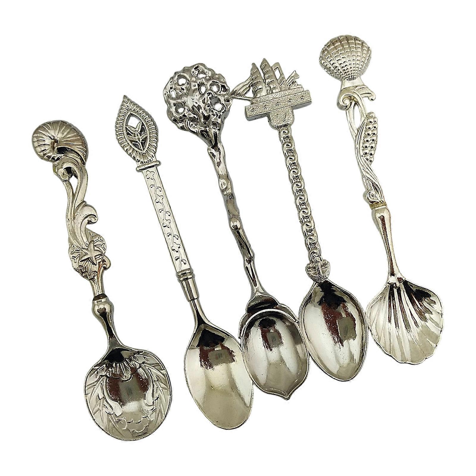 Embossed Alloy Retro Themed 5Pcs Spoon Utensils Set Durable Alloy Tableware Collection For Elegant Table Setting  Silver