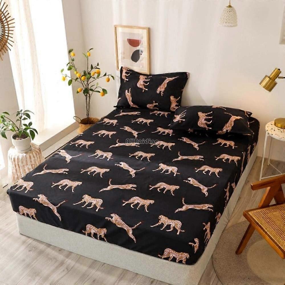 Feather Print Sky Blue Polyester Fitted Bed Sheet Set with Pillowcase for Queen King Mattress 180x200x25cm