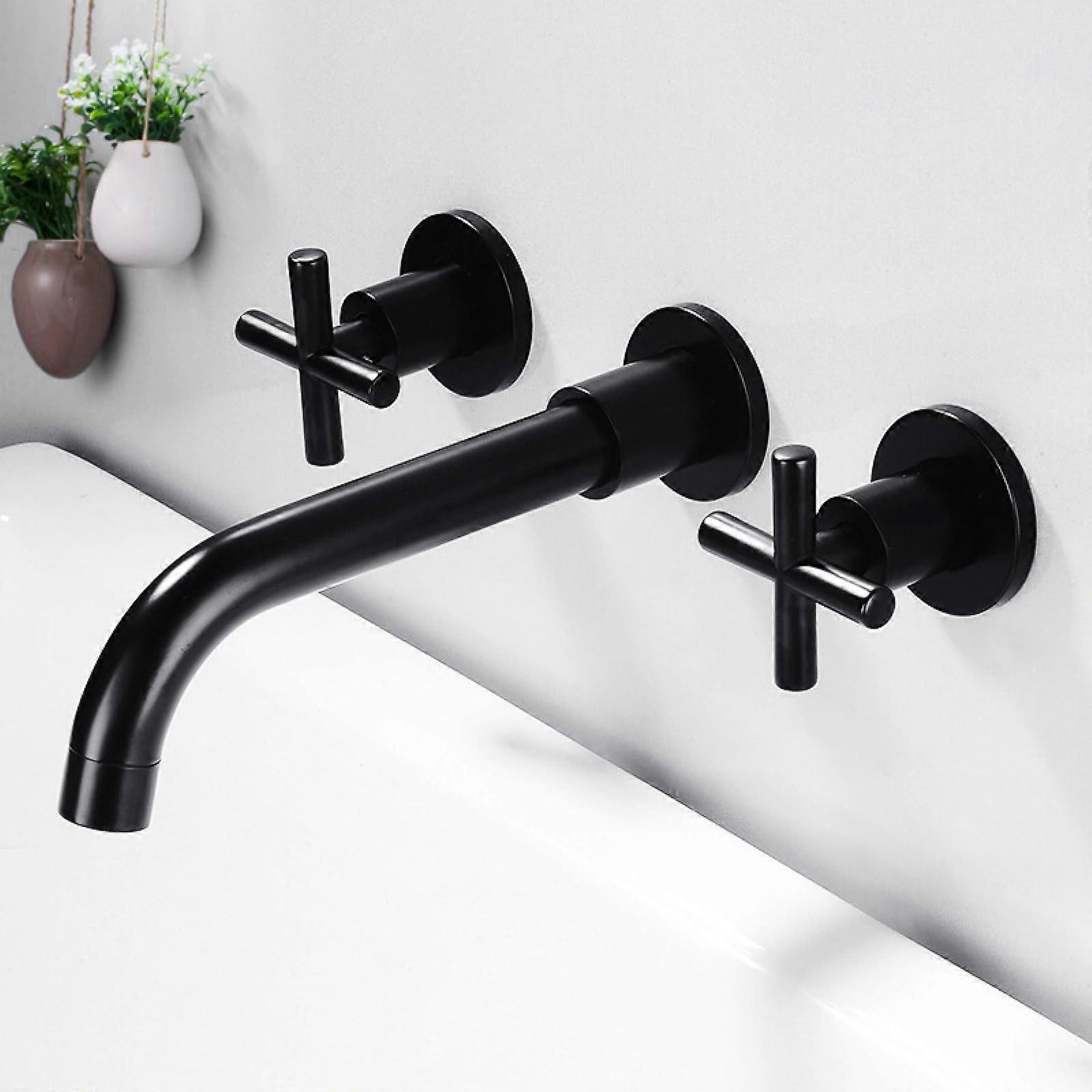 Wall Mounted Bathroom Faucet with Double Cross Handles, Brass 360° Swivel Spout, Black Basin Mixer