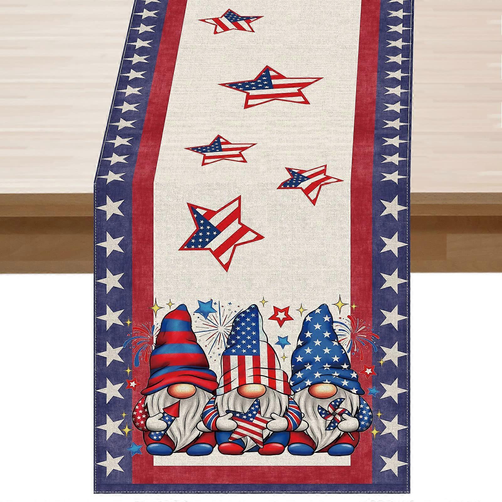 Patriotic Table Runner with Gnome Stars, Elegant Linen Texture for 4th of July and Memorial Day 13x120 Inch