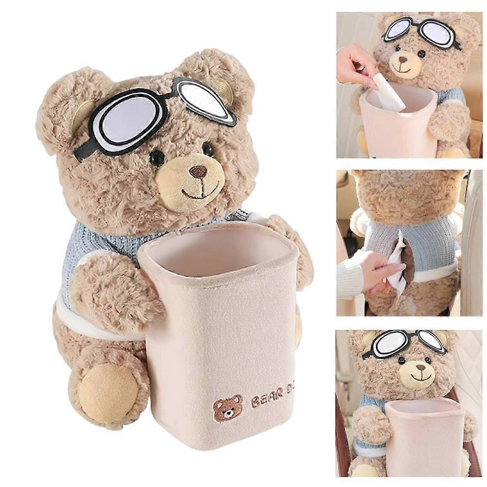 Plush Bear Car Tissue Holder with Trash Can, 2 in 1 Waterproof Cute Storage Box, Brown