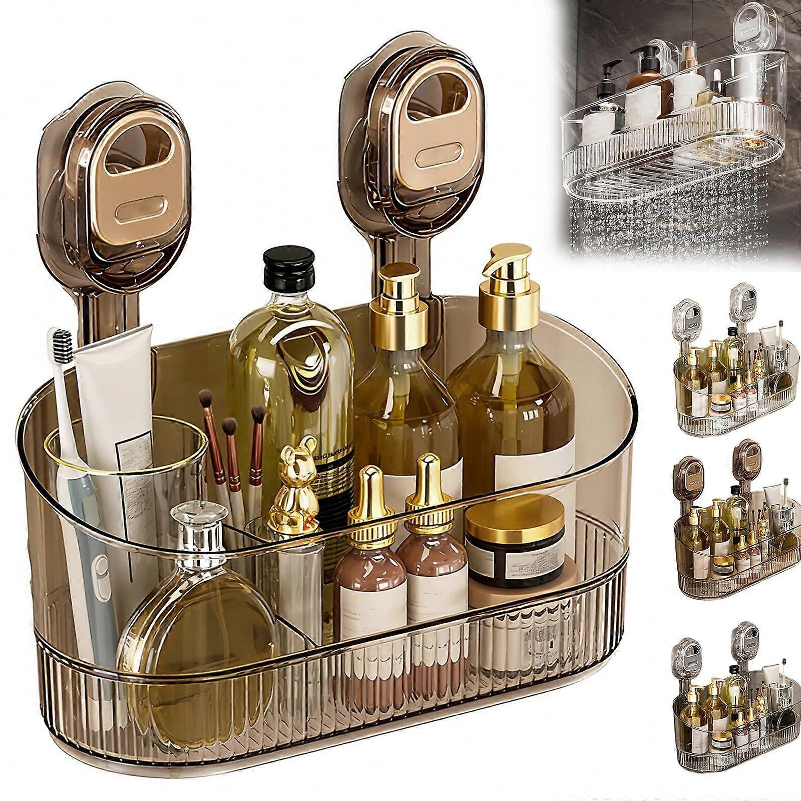 No Drill Shower Caddy with Suction Cups, Removable Bathroom Shelf with Drain Holes, Gold