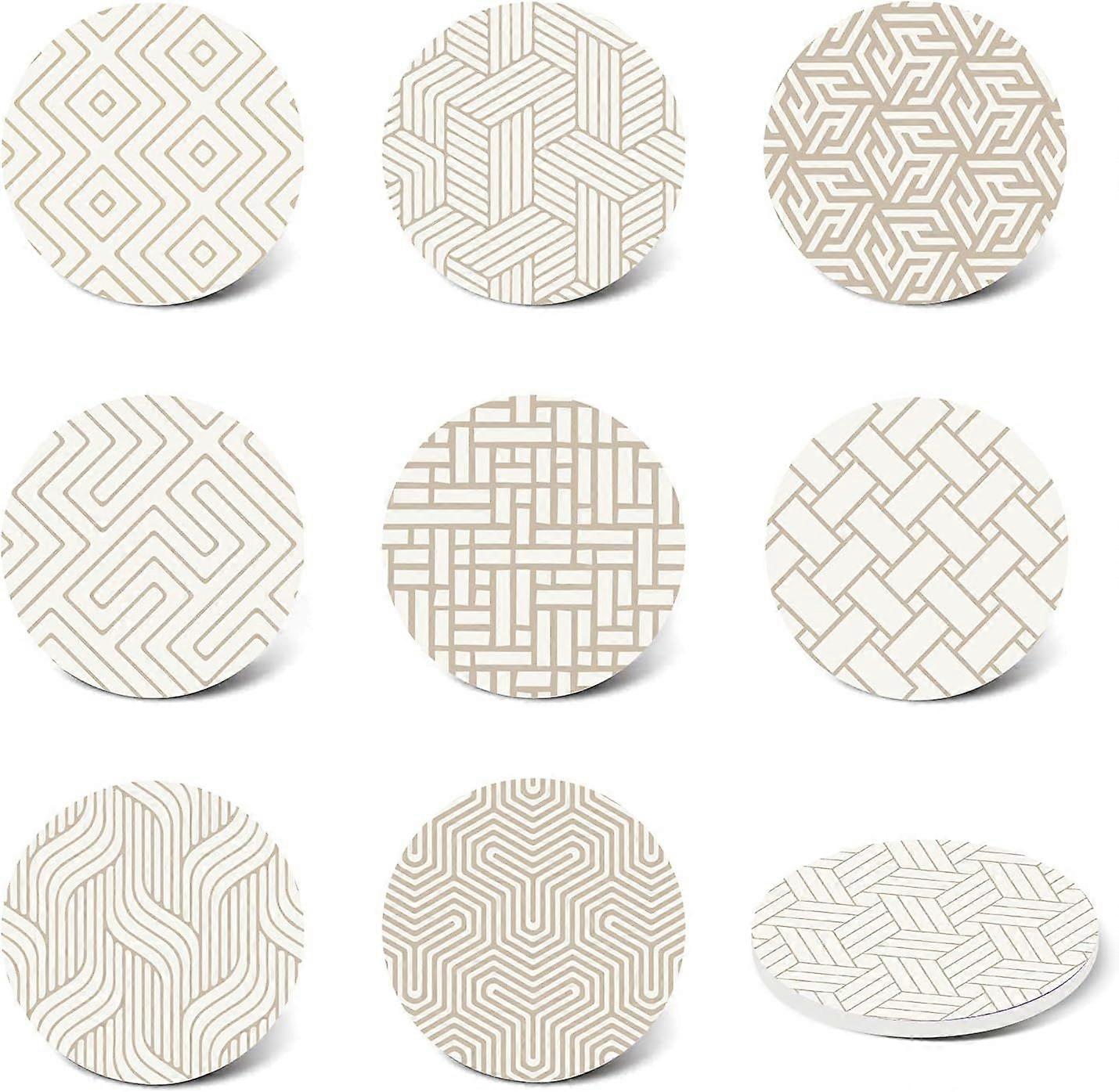 9 Set Round Absorbing Stone Coasters with Cork Base Geometry Patterns Ceramic Drink Coasters Birthday Housewarming for Tabletop Protection Suitable fo