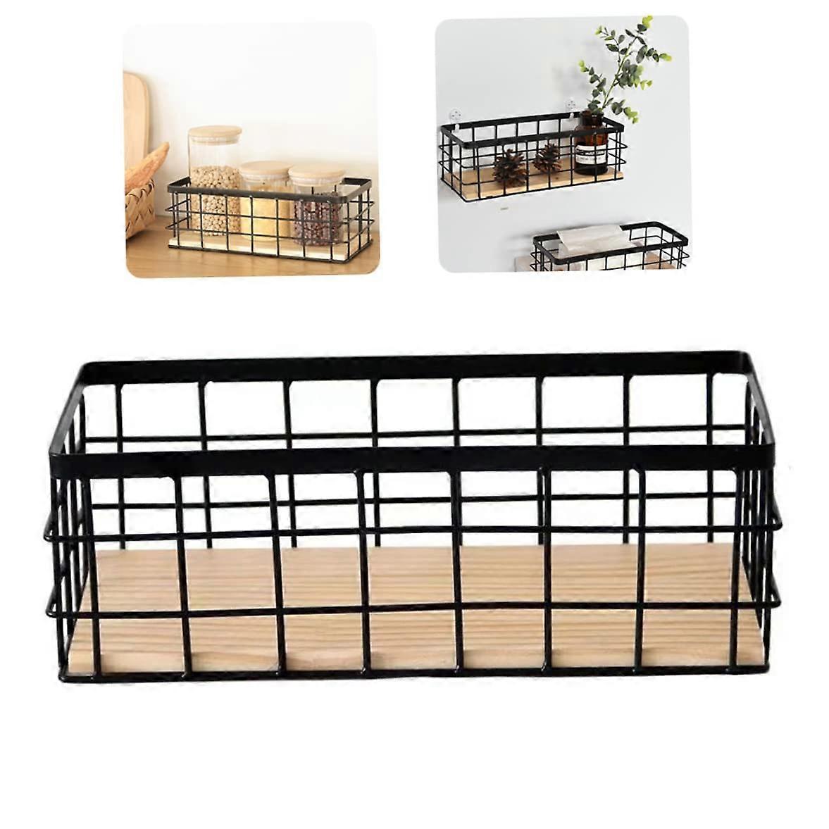 Wire Storage Basket with Wooden Base, Rectangular Metal Organizer for Kitchen and Bathroom