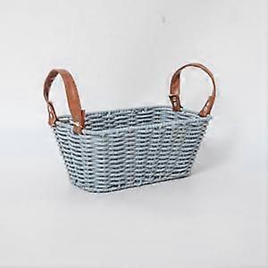 Gray Small Woven Storage Basket with PU Handles, Durable PP Bin for Bathroom, Office and Shelves