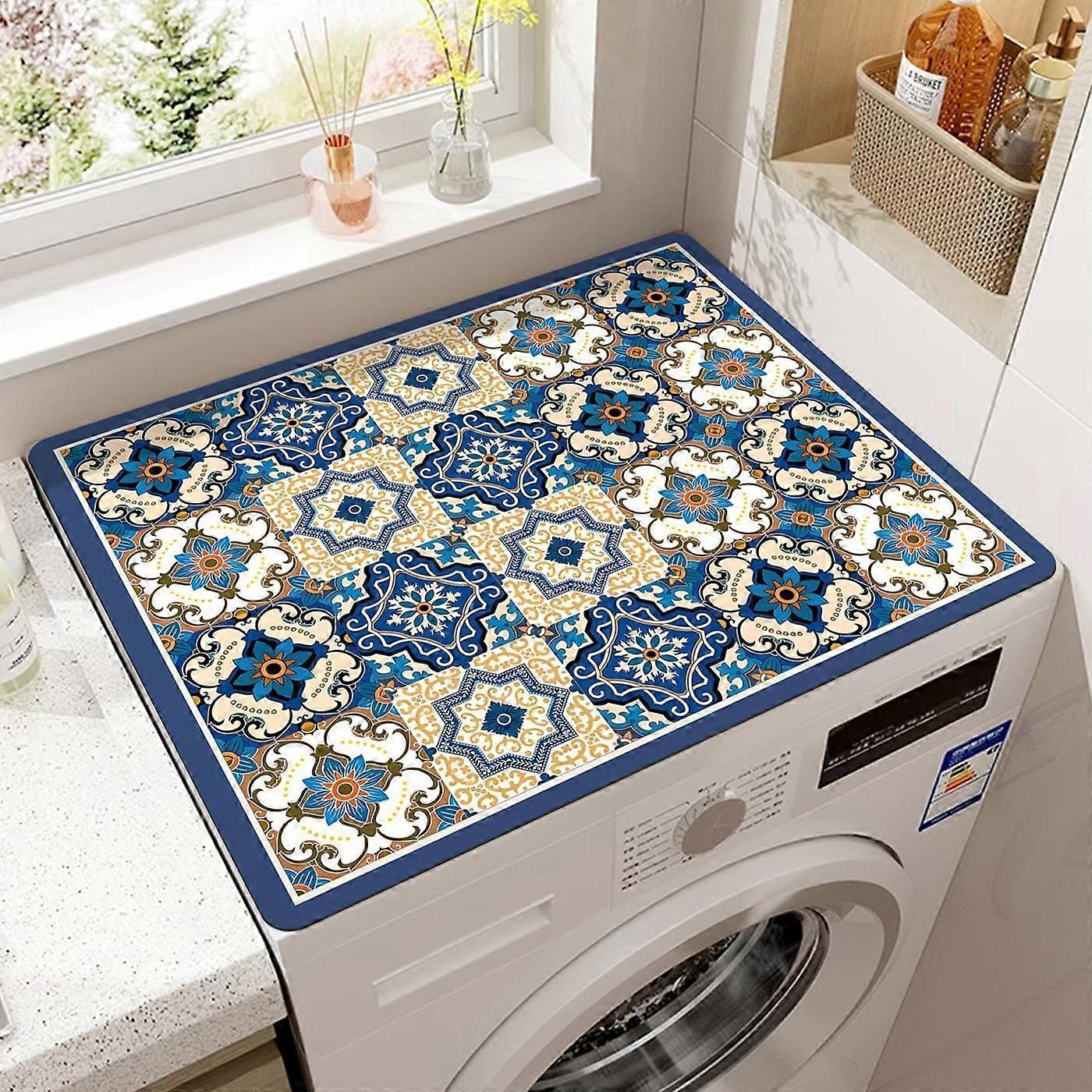 Washer Dryer Cover Boho Style Blue Grid Dust Proof MultiPurpose Mat 23.6x19.7in