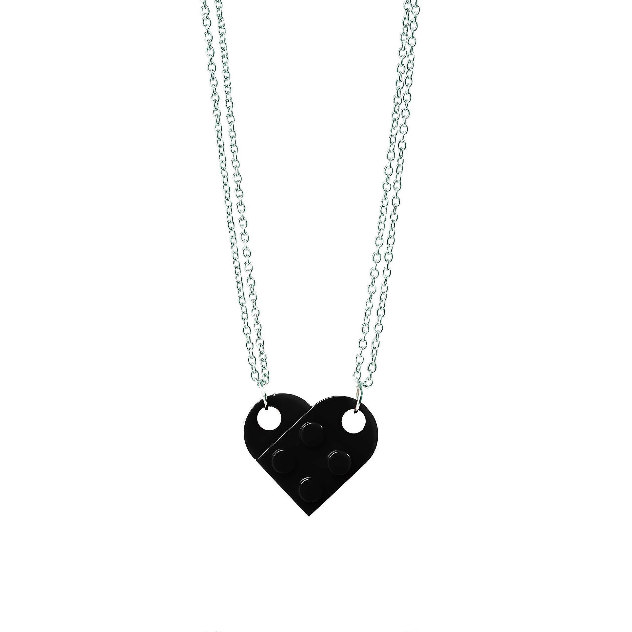 Couples Heart Necklace Set with Interlocking Design, Black Friendship Pendants Compatible with