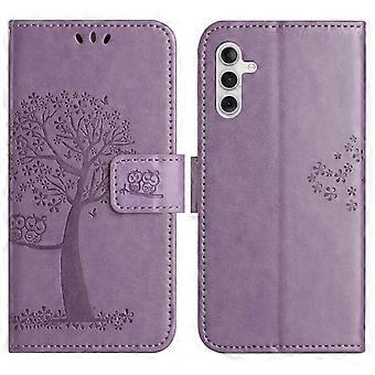 Amorus Handyhülle für Samsung Galaxy A56 5G, PU-Leder, Eulen- und Baum-Motiv, Brieftaschen-Design – Lila