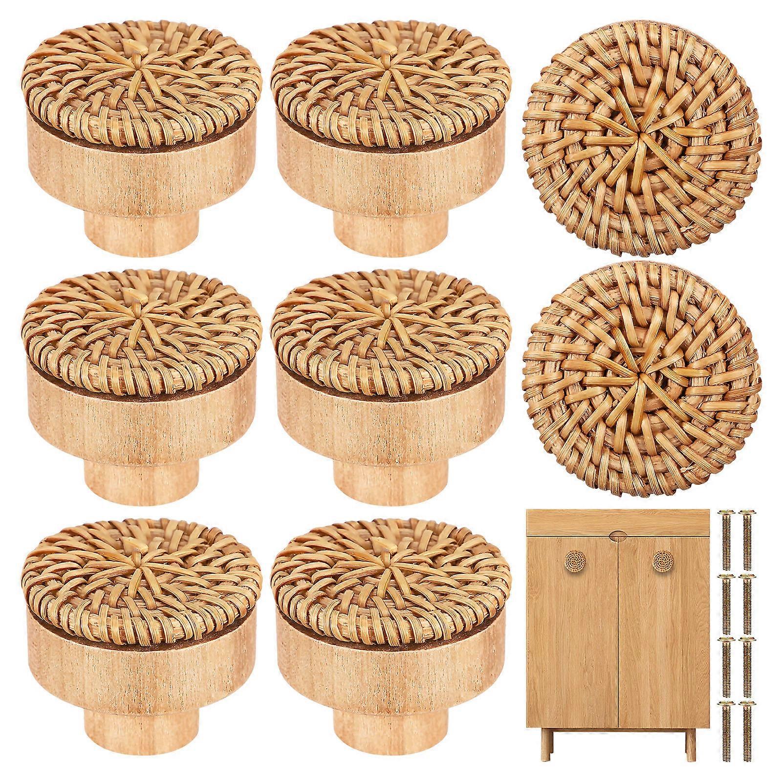 Woven Rattan Drawer Pulls Round Wood Knobs for Drawer Use 8Pcs Set