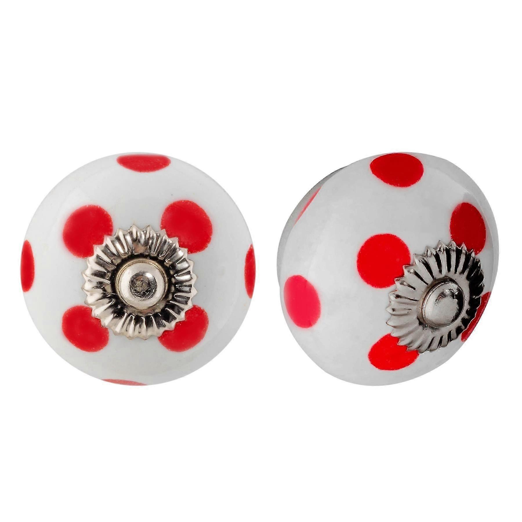 Ceramic  Board Drawer Knobs - Polka Dot Design - White / Red - Pack Of 6