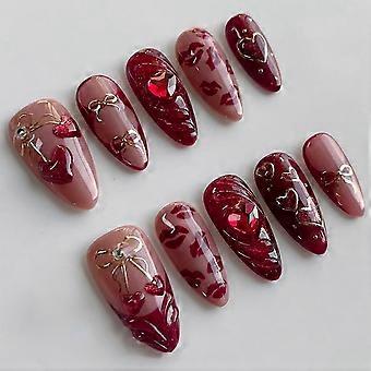Valentine's Day Press On Nails, Medium Almond Red French Tip with Rhinestones, 30pcs Reusable Set