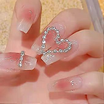 24 pieces of pink, ice and translucent diamond love stitching wearing nails, bright diamond pressure nails, beautiful short nails, nail glue, female b