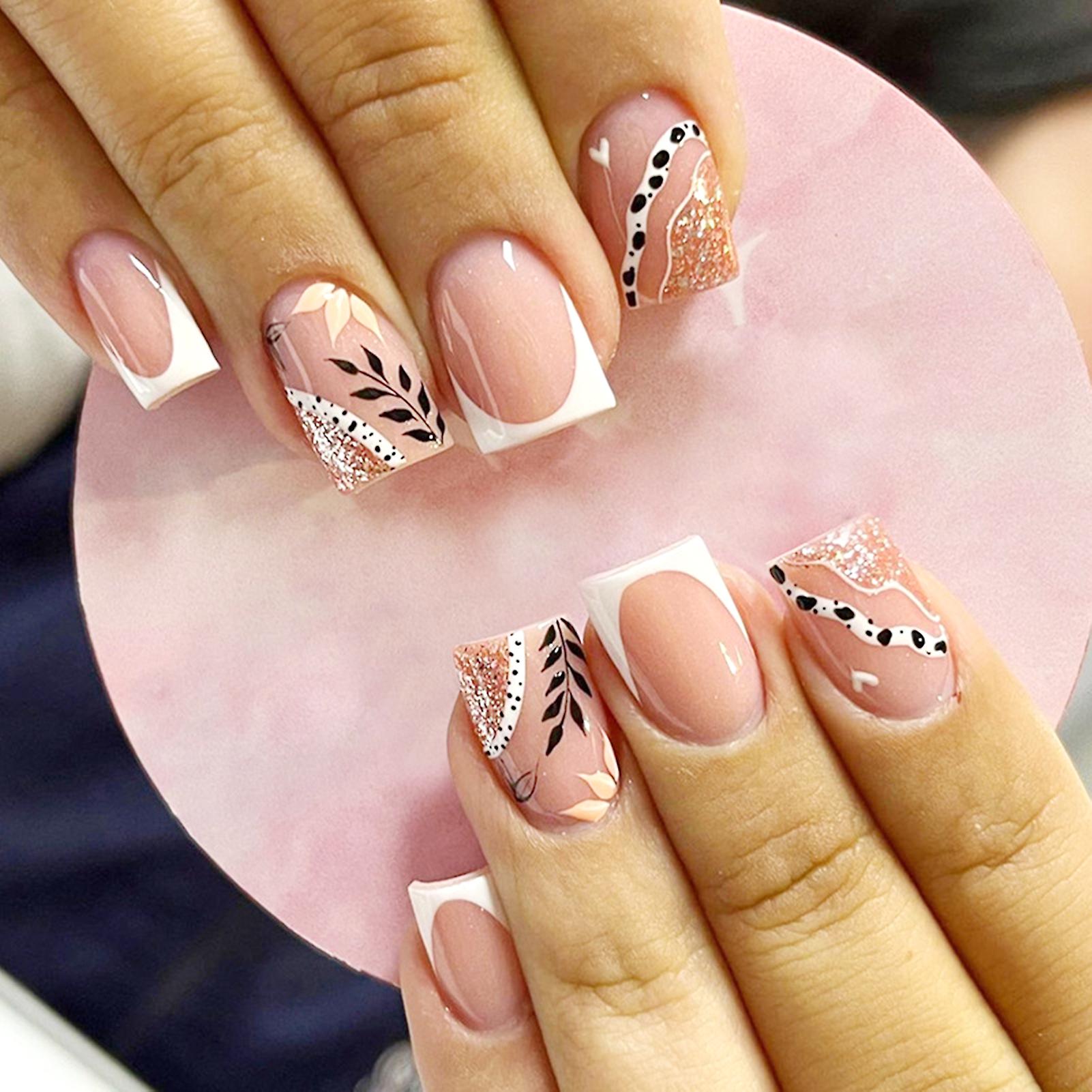 Medium Length Pink False Nails With Leaf Printed Artificial Com