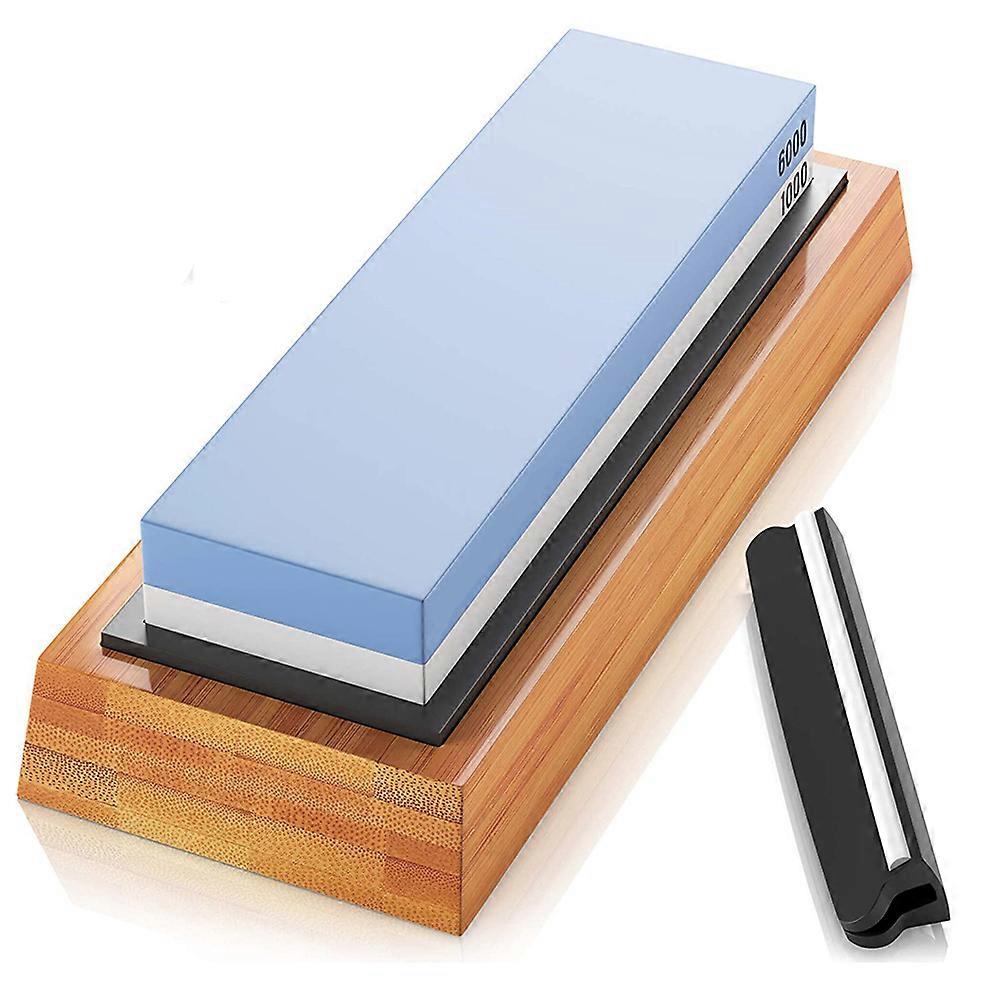 Premium Whetstone Knife Sharpening Stone 2 Side Grit 1000/6000 Best Whetstone Sharpener NonSlip Bamboo Base & Angle Guide