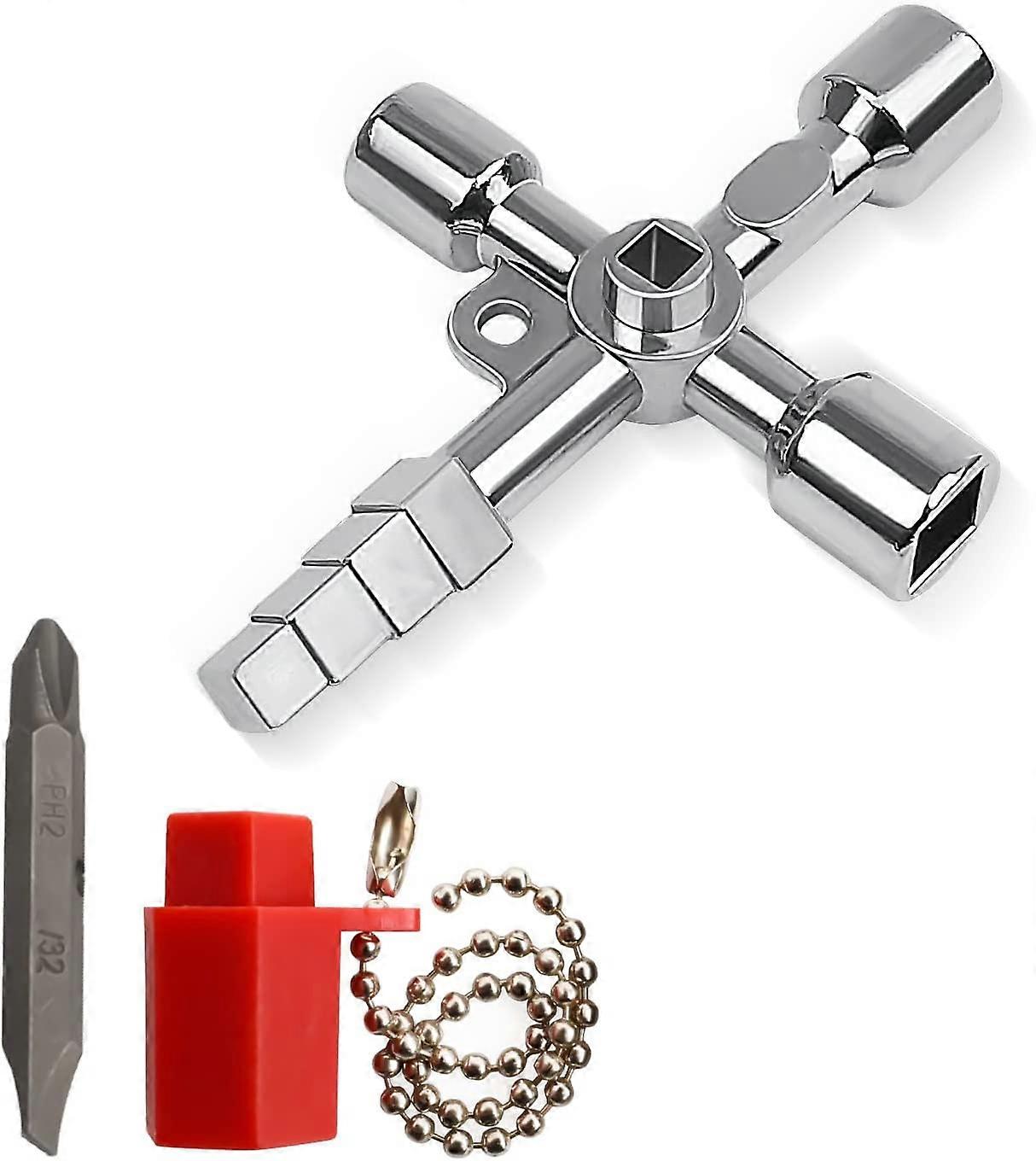 Electrical Cabinet Key, 4-Way Multi-Function Key, Convenient Multi-Function Cross Key, for Water and Electricity Meters, Radiators, Elevators (Silver)