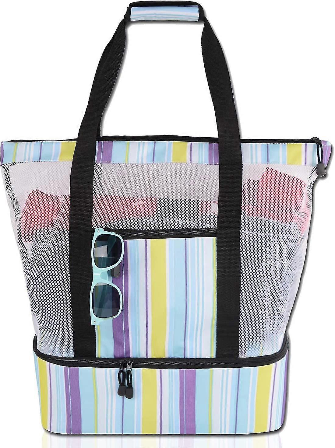 Mesh Beach Tote Bag With Insulated Cooler Compartment, Oversized Pool Picnic Cooler Bag With Zip