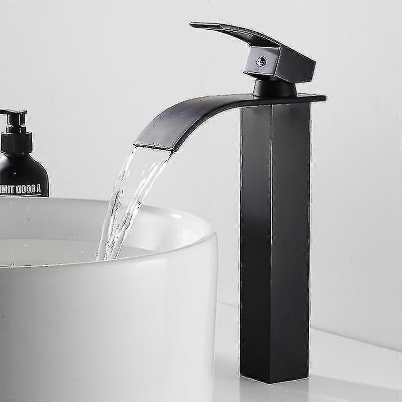 Black Waterfall Faucet With High Spout Single Handle High Sink Single Hole Hand Washbasin Taps With Single Lever Copper Hot And Cold Water Mixer