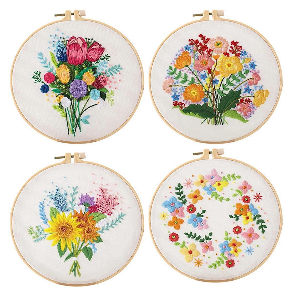 4 Sets DIY Embroidery Kit for Beginners Adults , Hand Embroidery Kit Includes Flower, Hoop, Color T