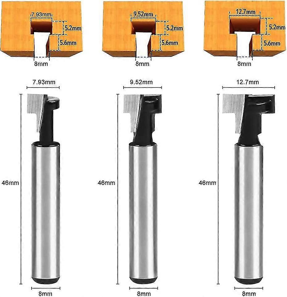 8mm T-slot Cutter, T-slot Router Shape Router Bits, 3pcs (7.93 / 9.52 / 12.7mm) Cutter Shank With Blade Wood Cutters For Power Tools Woodworking Tool