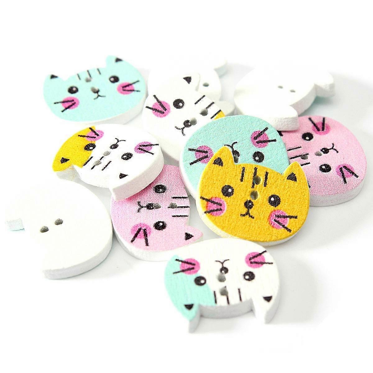 100pcs Animal Cat Wooden Button Sewing Scrapbooking DIY Craft Colorful 2 Holes