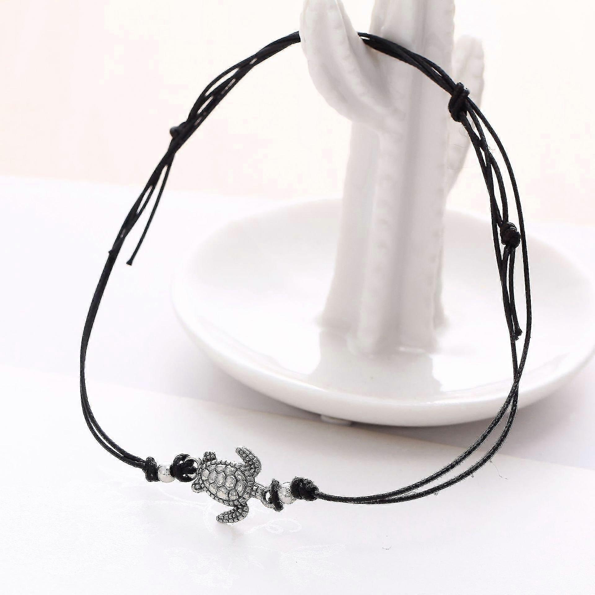 3 Color Set Vintage Wax Rope Turtle Anklet Bracelet Ancient Silver Tricolor Turtle