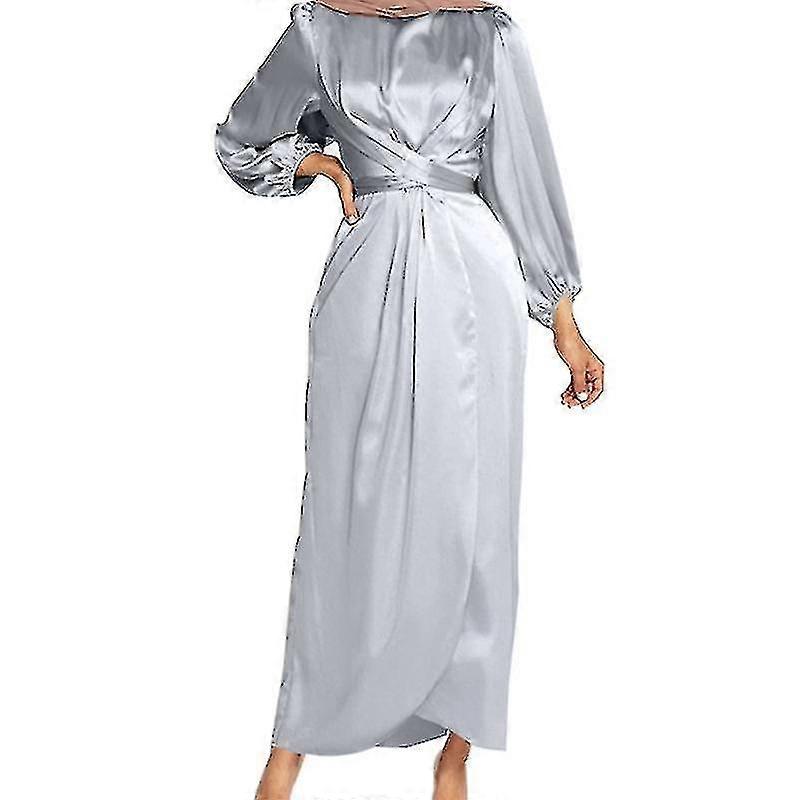 Femmes Arabe Musulman Satin Puff Manches Longues Maxi Robe Couleur Unie Cross Wrap Front Self-tie Waist Abaya Dubai