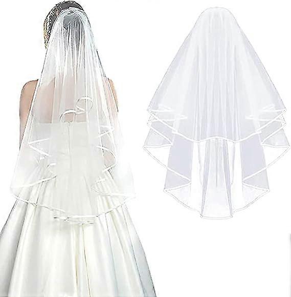 White Double Ribbon Edge Center Layer Bridal Veil with Comb